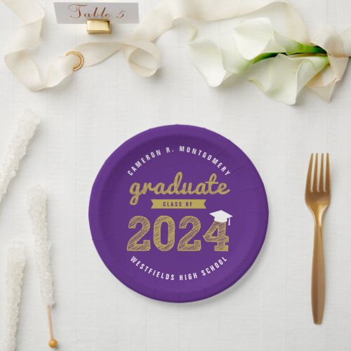 2024 Gold Bold Sketch Typography Graduation Party Paper Plates