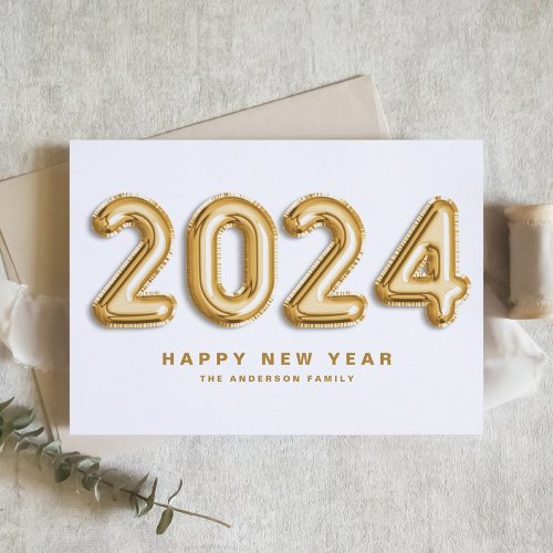 2024 Gold Foil Balloons Happy New Year Holiday Card