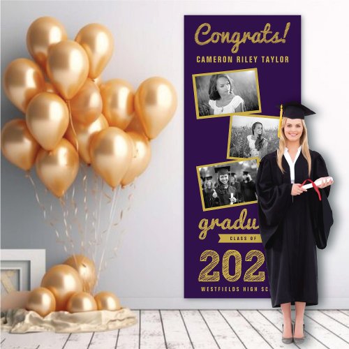 2024 Gold Sketch 3 Photo Collage Graduation Party Banner