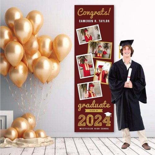 2024 Gold Sketch 5 Photo Collage Graduation Party Banner