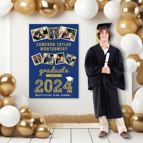 2024 Gold Sketch Grad 7 Photo Collage Graduation Poster