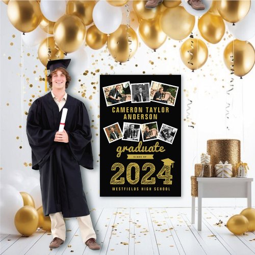 2024 Gold Sketch Grad 7 Photo Collage Graduation Poster