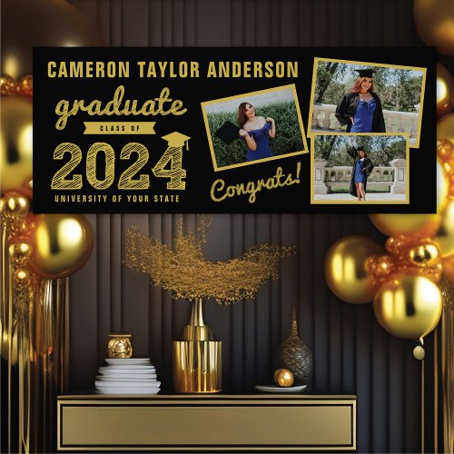 2024 Gold Sketch Three Photo Collage Grad Party Banner