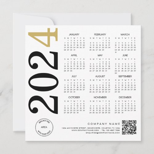 2024 Gold White Calendar Logo QR Code Business Holiday Card