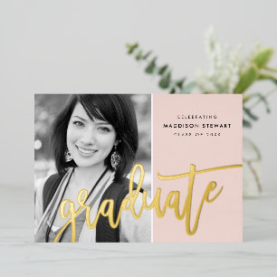 2024 GRAD photo modern calligraphy blush pink gold Foil Invitation