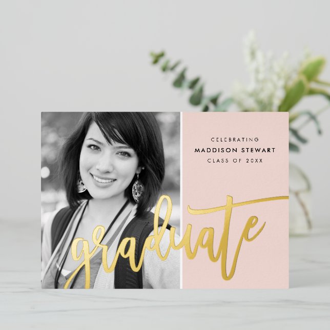 2024 GRAD photo modern calligraphy blush pink gold Foil Invitation (Standing Front)