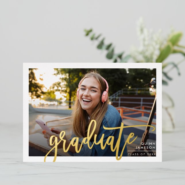 2024 GRAD PHOTO modern simple script gold Foil Invitation (Standing Front)