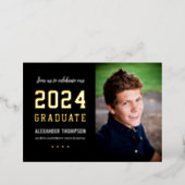 2024 Graduate Black Gold Graduation Party Photo Foil Invitation (Standing Front)