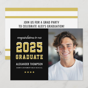 2024 Graduate Black Gold Graduation Party Photo Invitation