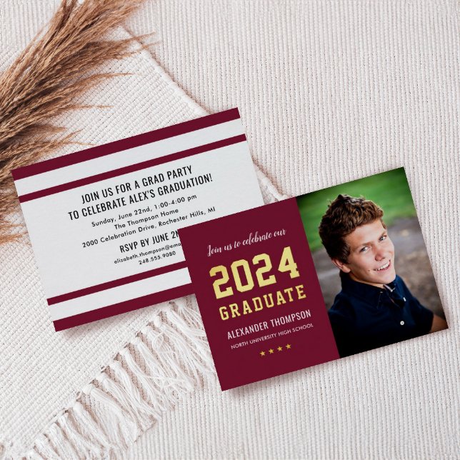 2024 Graduate Burgundy Gold Graduation Party Photo Foil Invitation