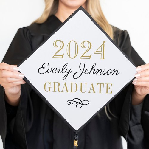 2024 Graduate Elegant Black and Gold Custom Graduation Cap Topper