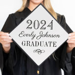 2024 Graduate Elegant Black and White Custom Graduation Cap Topper<br><div class="desc">Stylish graduation cap topper features your class of 2024 graduate's name in script with a scroll design accent. The classic black and white color scheme can be completely customized.</div>