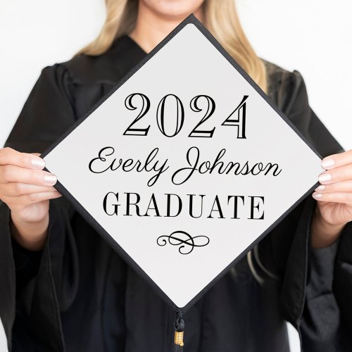 2024 Graduate Elegant Black and White Custom Graduation Cap Topper