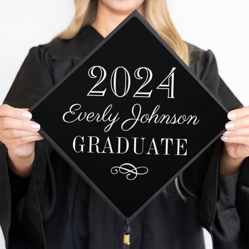 2024 Graduate Elegant Black and White Custom Graduation Cap Topper