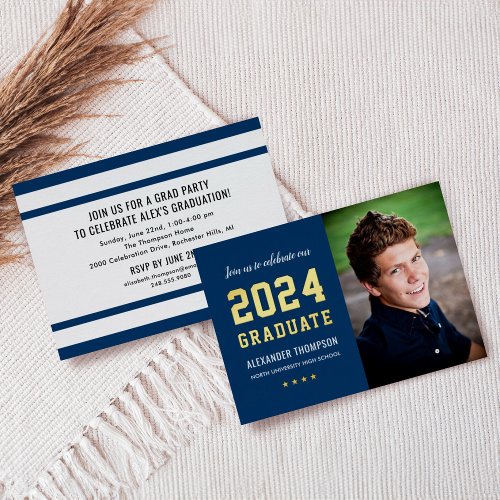 2024 Graduate Navy Gold Graduation Party Photo Foil Invitation