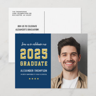 2024 Graduate Navy Gold Graduation Party Photo Invitation Postcard