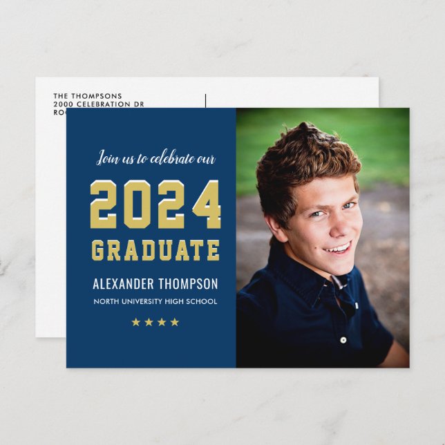 2024 Graduate Navy Gold Graduation Party Photo Invitation Postcard (Front/Back)