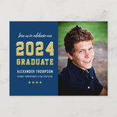 2024 Graduate Navy Gold Graduation Party Photo Invitation Postcard (Front)