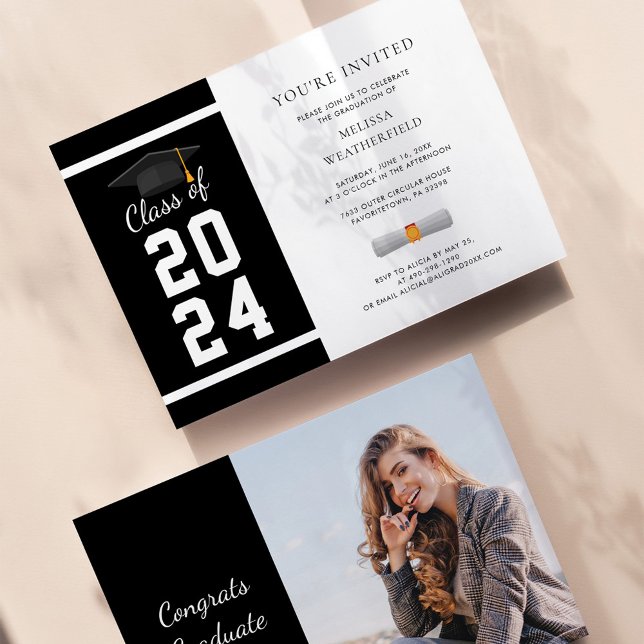 2024 Graduate Photo Black White Graduation Party Invitation (Graduation 2024 Grad Photo Party Invitation)