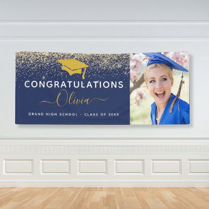 2024 Graduation Glitter Navy Blue Gold Banner