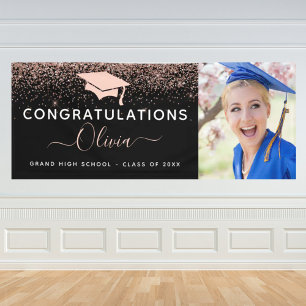 2024 Graduation Glitter Rose Gold Blush Pink Black Banner