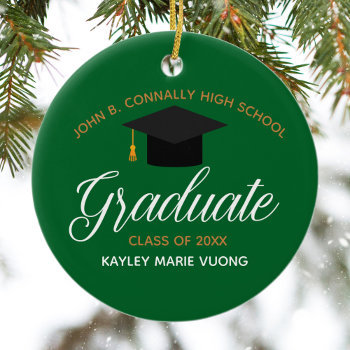2024 Graduation Green Gold Custom High School Name Ceramic Ornament by epicdesigns at Zazzle