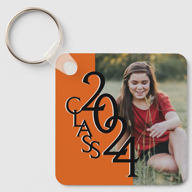 2024 Graduation Keepsake Photo Orange and Black Keychain (Front)