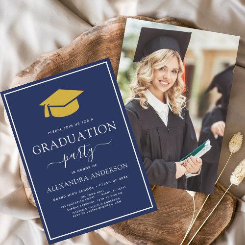 2024 Graduation Navy Blue Gold Photo Picture Invit Invitation