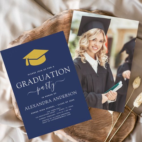 2024 Graduation Navy Blue Gold Photo Picture Invitation