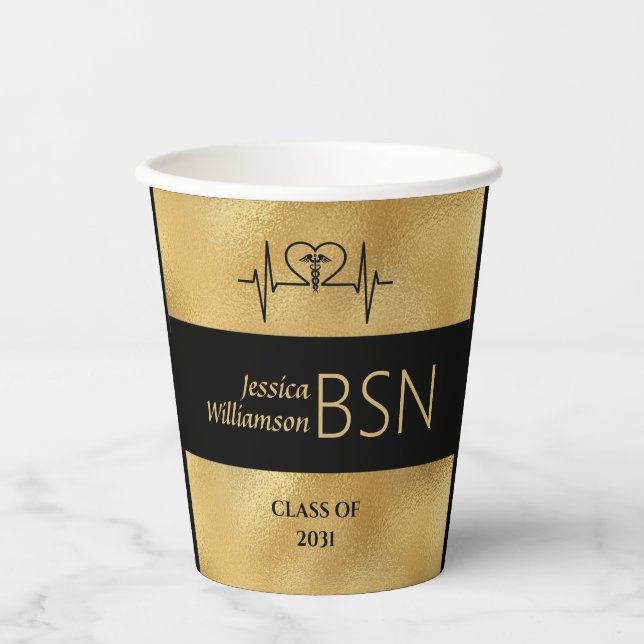 2024 Graduation NURSE BSN Name Year Black Gold Paper Cups (Front)
