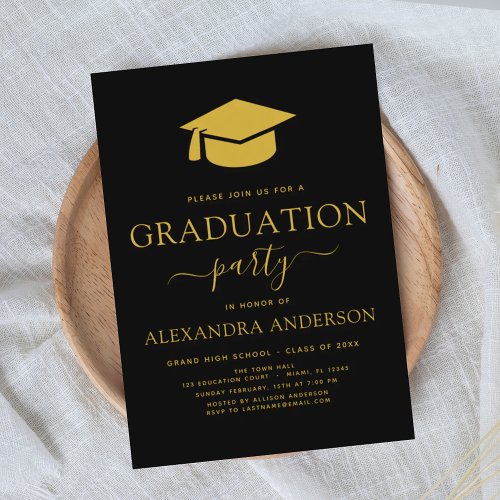 2024 Graduation Party Black Gold Modern Elegant Invitation