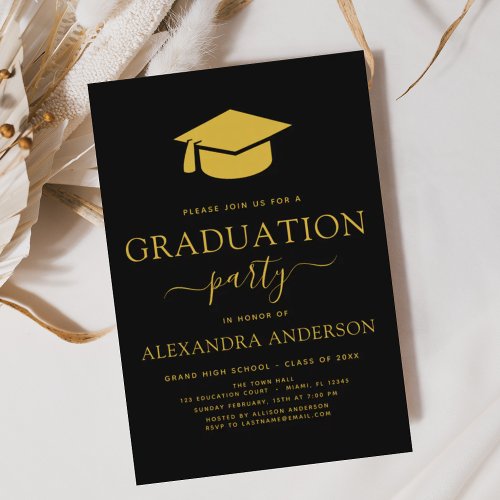 2024 Graduation Party Black Gold Modern Elegant Invitation