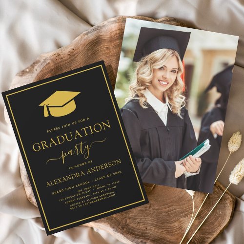 2024 Graduation Party Black Gold Photo Picture Inv Invitation