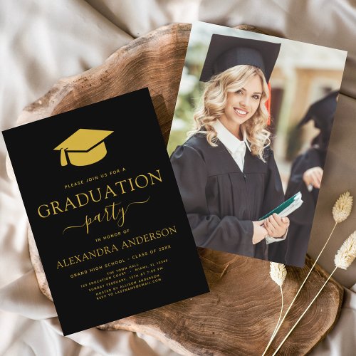 2024 Graduation Party Black Gold Photo Picture Invitation