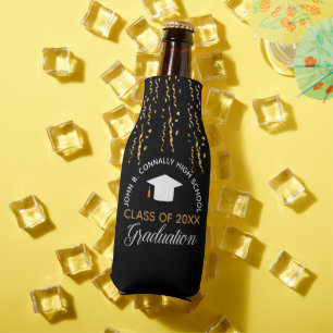 2024 Graduation Party Black Gold Streamers Custom Bottle Cooler