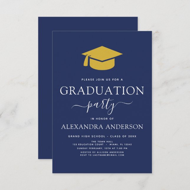2024 Graduation Party Navy Blue Gold Elegant Invitation (Front/Back)