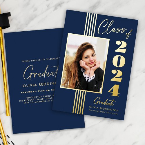 2024 Graduation Party Photo Frame Navy Gold  Foil Invitation