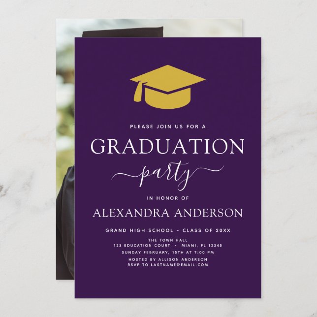 2024 Graduation Party Photo Picture Purple Gold Invitation (Front/Back)