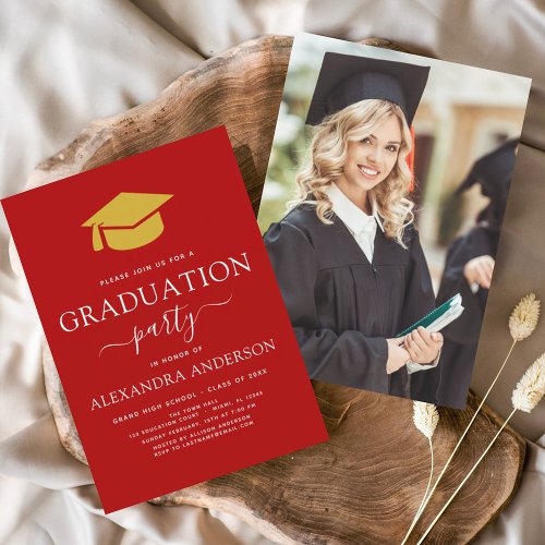 2024 Graduation Party Red Gold Photo Picture Invitation