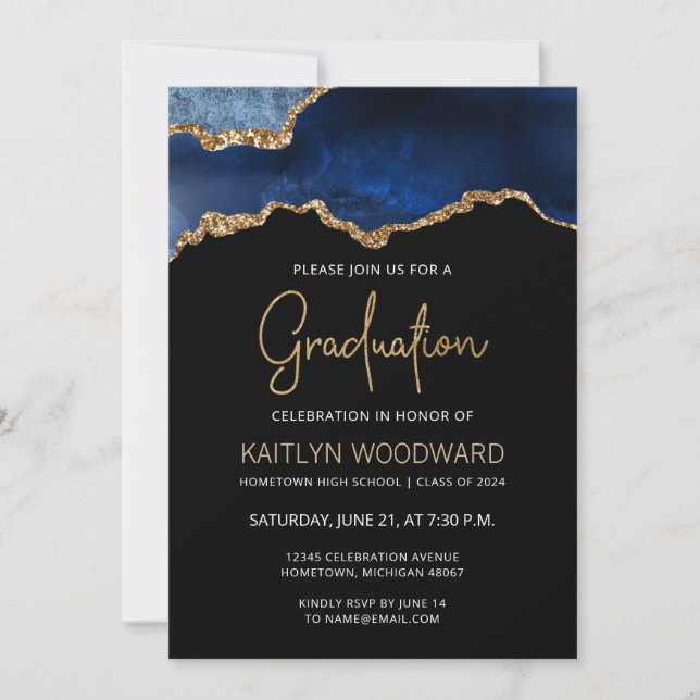 2024 Graduation Photo Blue Agate Gold Glitter Invitation (Front)