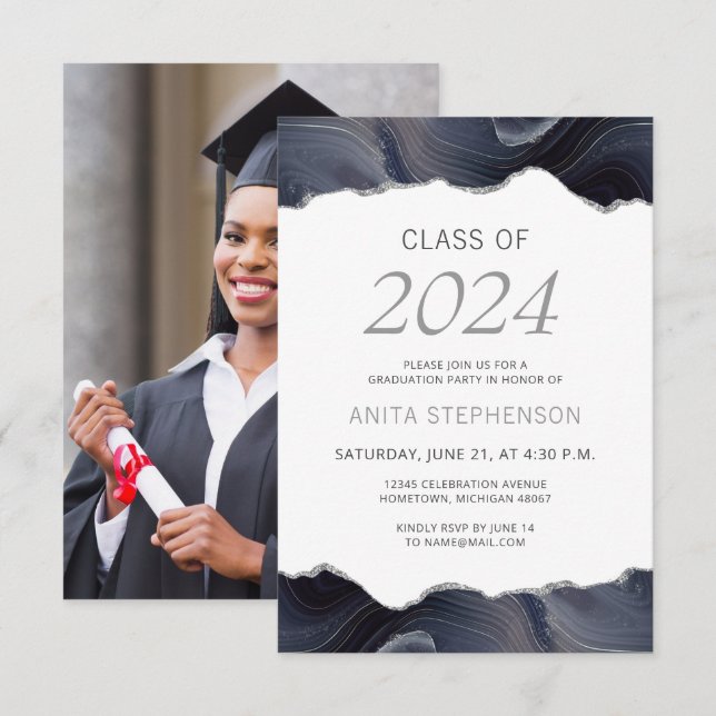 2024 Graduation Photo Blue Gray Agate Invitation (Front/Back)