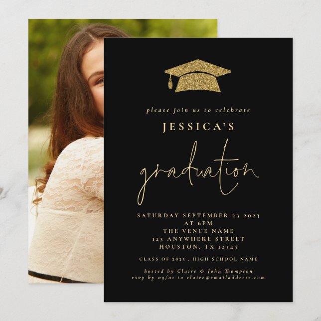 2024 Graduation Photo Gold Glitter Grad Cap Black  Invitation (Front/Back)