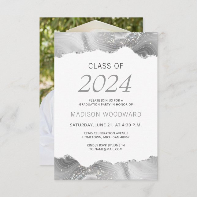 2024 Graduation Photo Gray Silver Agate Invitation (Front/Back)