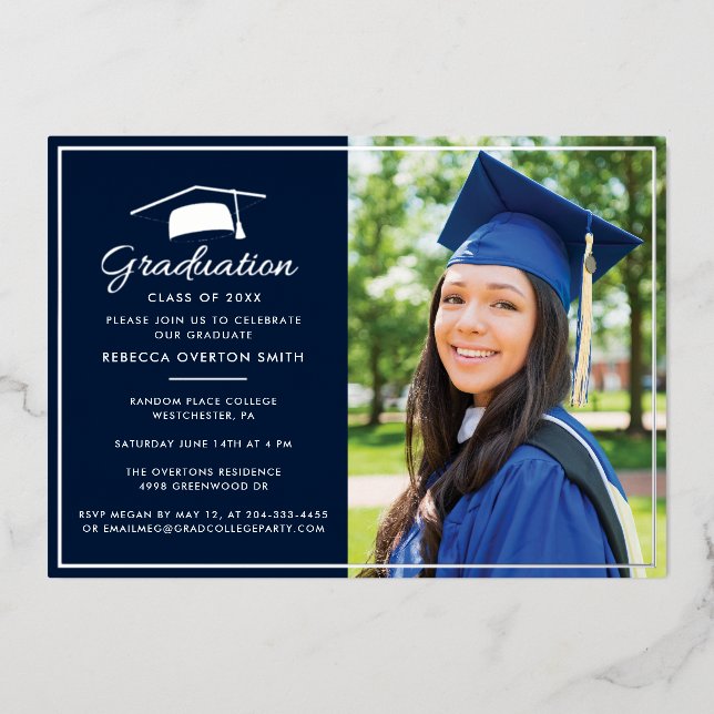 2024 Graduation Photo Navy Blue Party Silver Foil Invitation (Front)