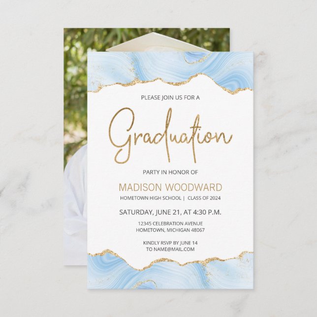2024 Graduation Photo Pastel Blue Agate Invitation (Front/Back)