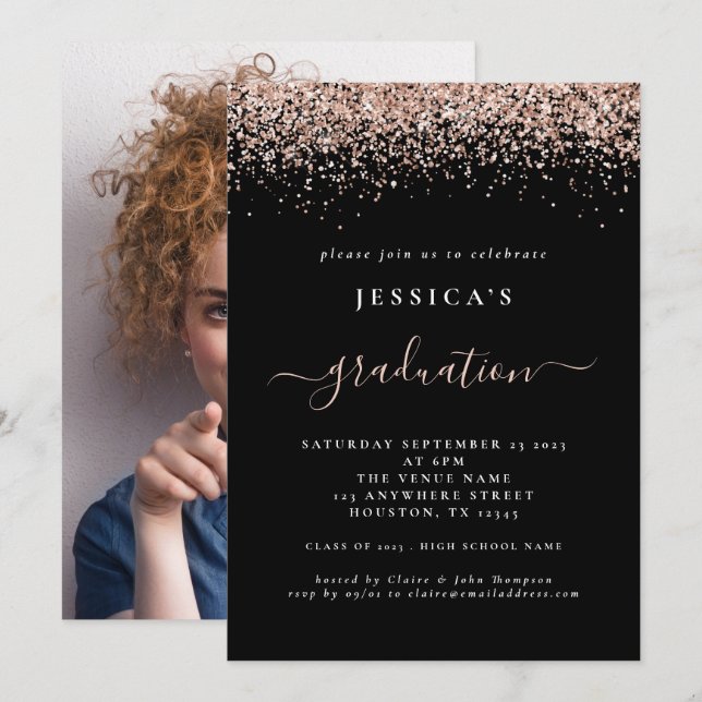 2024 Graduation Photo Rose Gold Glitter Black Invitation (Front/Back)