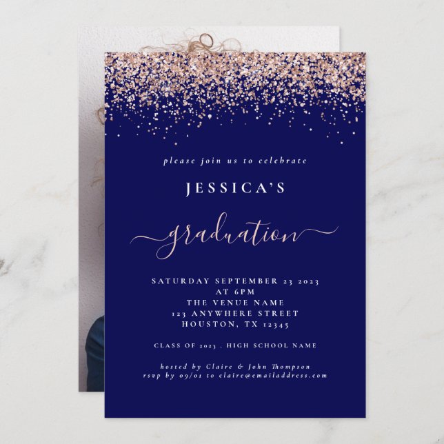 2024 Graduation Photo Rose Gold Glitter Navy Blue Invitation (Front/Back)