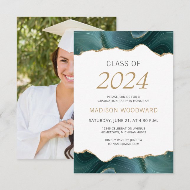 2024 Graduation Photo Teal Gold Agate Invitation (Front/Back)