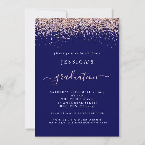 2024 Graduation Rose Gold Glitter Navy Blue Invitation