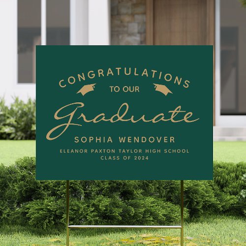 2024 Green Gold Script Cap Graduation Yard Sign